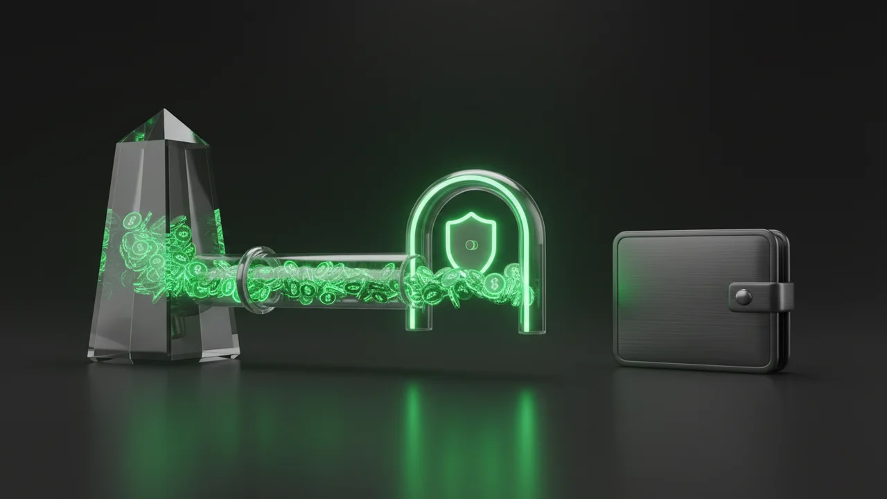 USDT flowing out of an exchange vault through a security checkpoint into a personal wallet