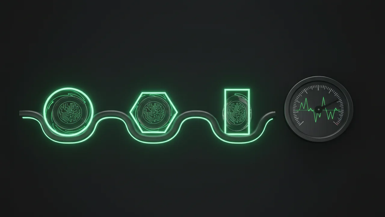 Tres tokens idénticos pasan por distintas puertas de energía junto a un indicador de aguja