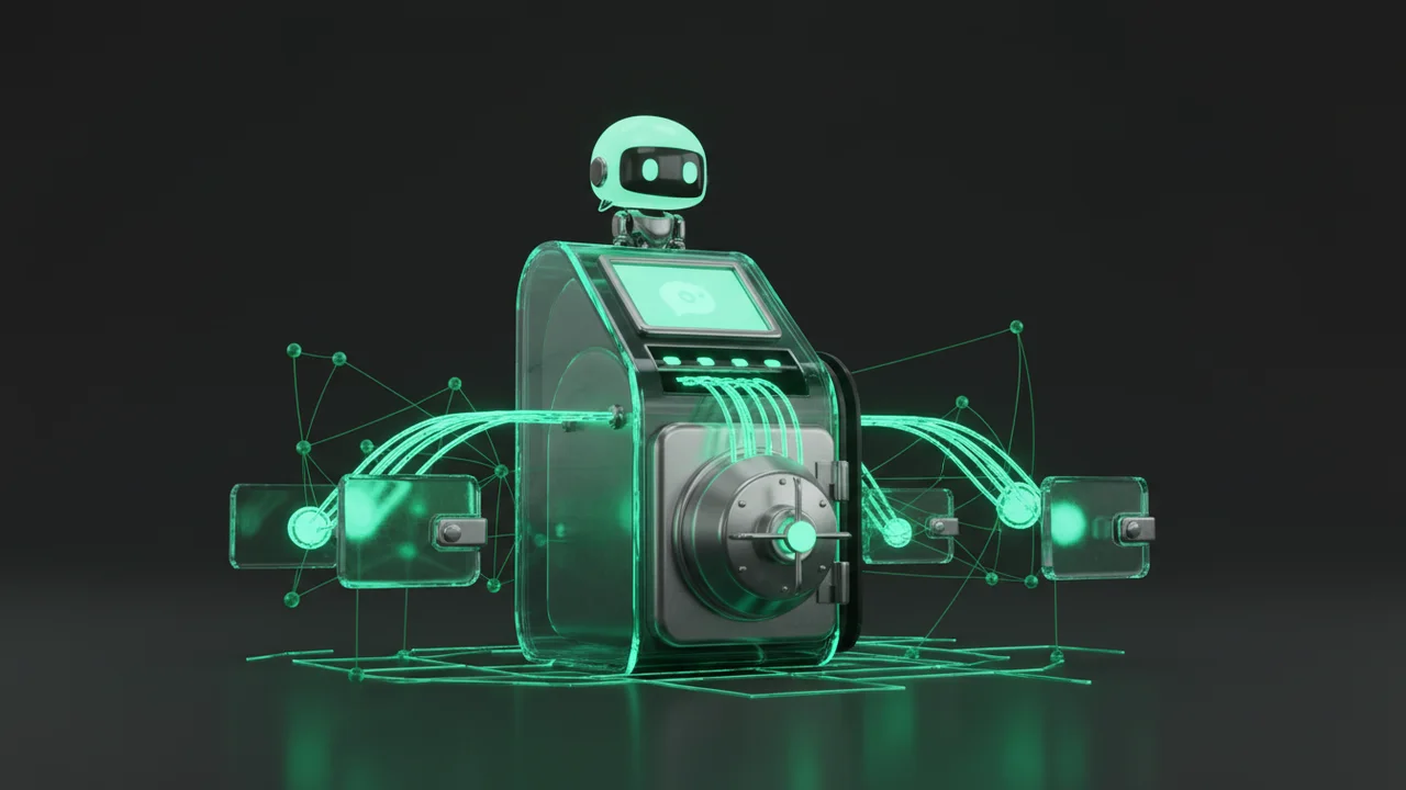 A glass payment terminal with a small bot on top, with emerald coin streams flowing in from several wallets